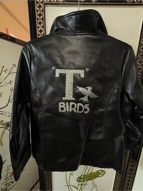 VINTAGE GREASE COSTUME T- BIRD FAUX LEATHER MOTORCYCLE jacket- custom rhinestone